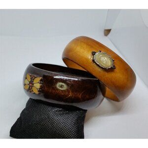 UPCYCLED vintage wooden bangle bracelets lot bundle 2 boho statement layering.